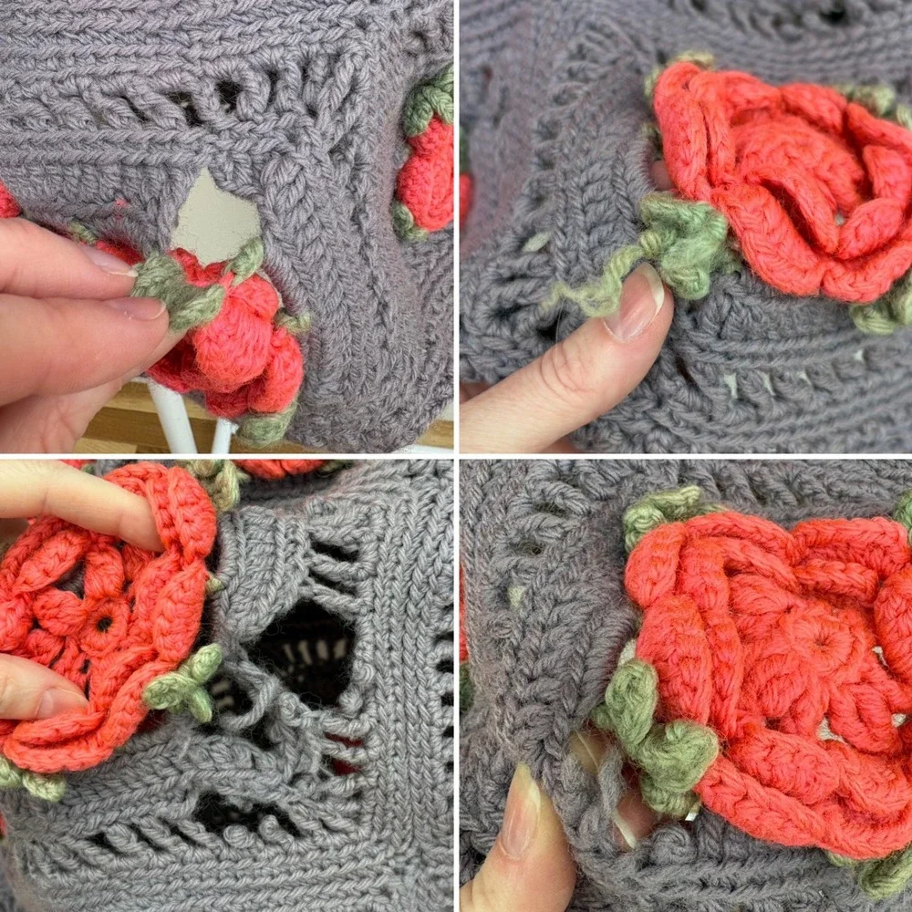 FLAWED Crochet Granny Square Blanket Purple 3D Pink Roses Handmade Cottagecore